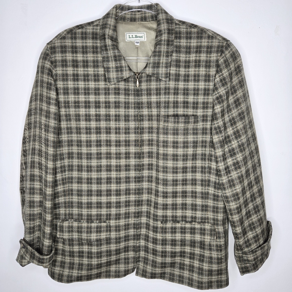Vintage L.L. Bean Womens Plaid Zip Up Jacket Size 18P Wool Green Cream Cabin